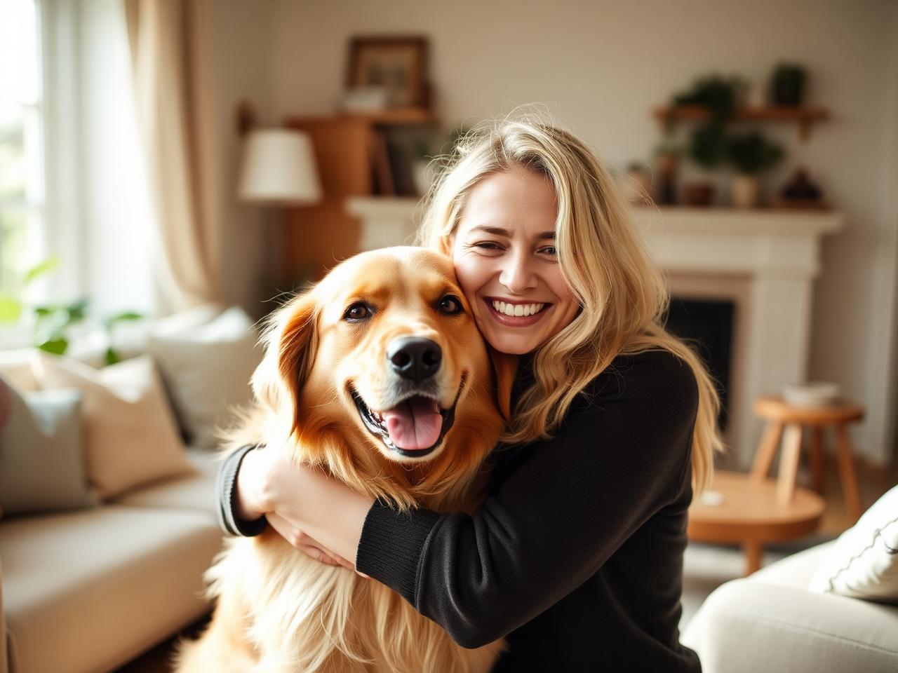 Happy pet owner with emotional support dog